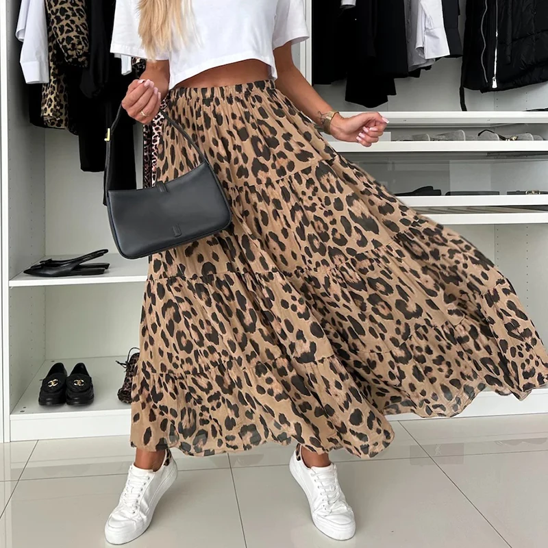 Office Ladies Leopard Print Loose Skirt Elegant Swing Party Long Skirts New 2024 Autumn Elastic High Waisted Pleated Half Skirt