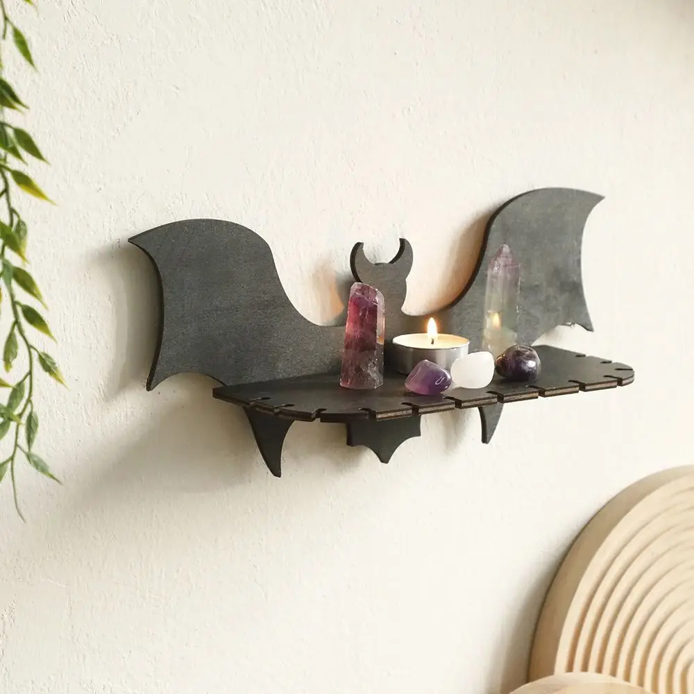 

Creative Wooden Floating Shelves Bat-shaped Practical Jewelry Display Rack Reusable Black Gothic Halloween Shelf