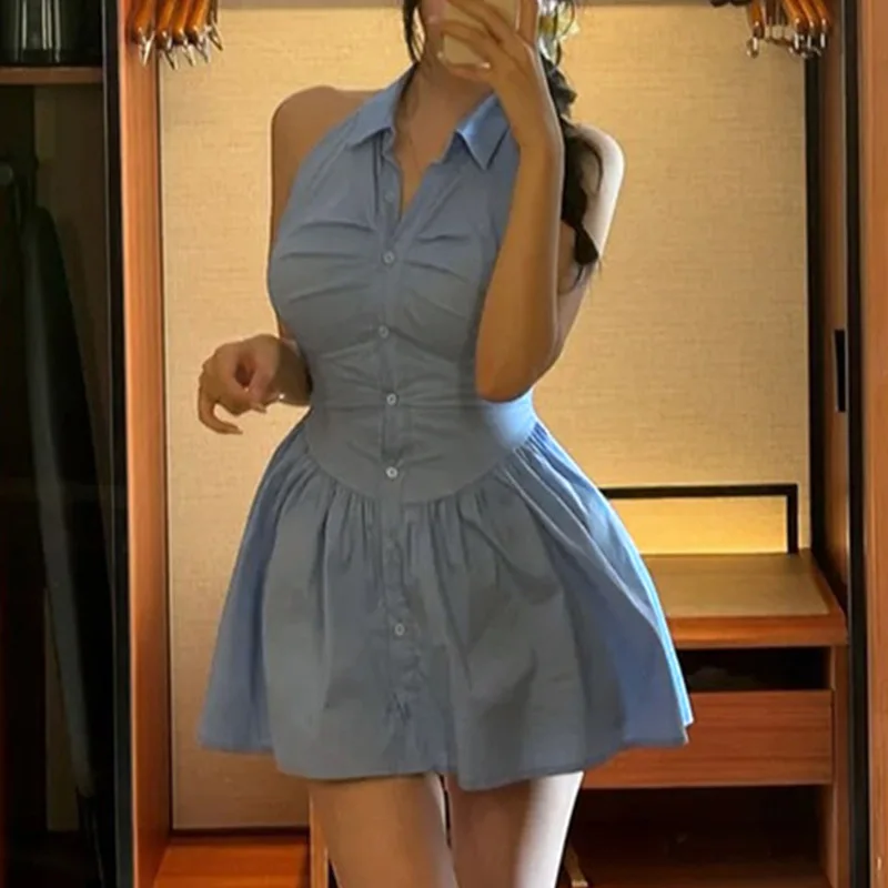 Koreanische Elegante Dünne Sexy Feminine Geraffte Taille Abnehmen Halter Neck Ärmelloses Shirt Kleid Mode Sexy Frauen Tops Y9V5