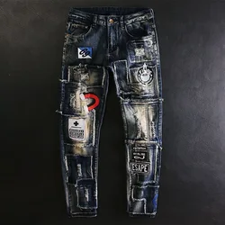 Pantalones vaqueros de pierna recta con parche bordado para hombre, pantalones elásticos cómodos e informales de alta calidad, moda clásica, primavera y otoño, novedad de 2023