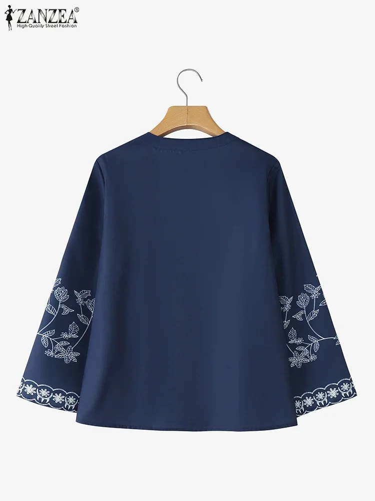 ZANZEA 2025 Autunno Camicetta Moda Donna Scollo a V Manica lunga Camicia stampata Elegante OL Camicie da lavoro Blusas allentate Bottoni casual Top