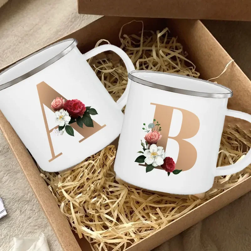 Letter Floral Print Creative Enamel Coffee Juice Cups Drinks Milk Cup Vintage Mugs Handle Mug Drinkware Wedding Bridesmaid Gifts