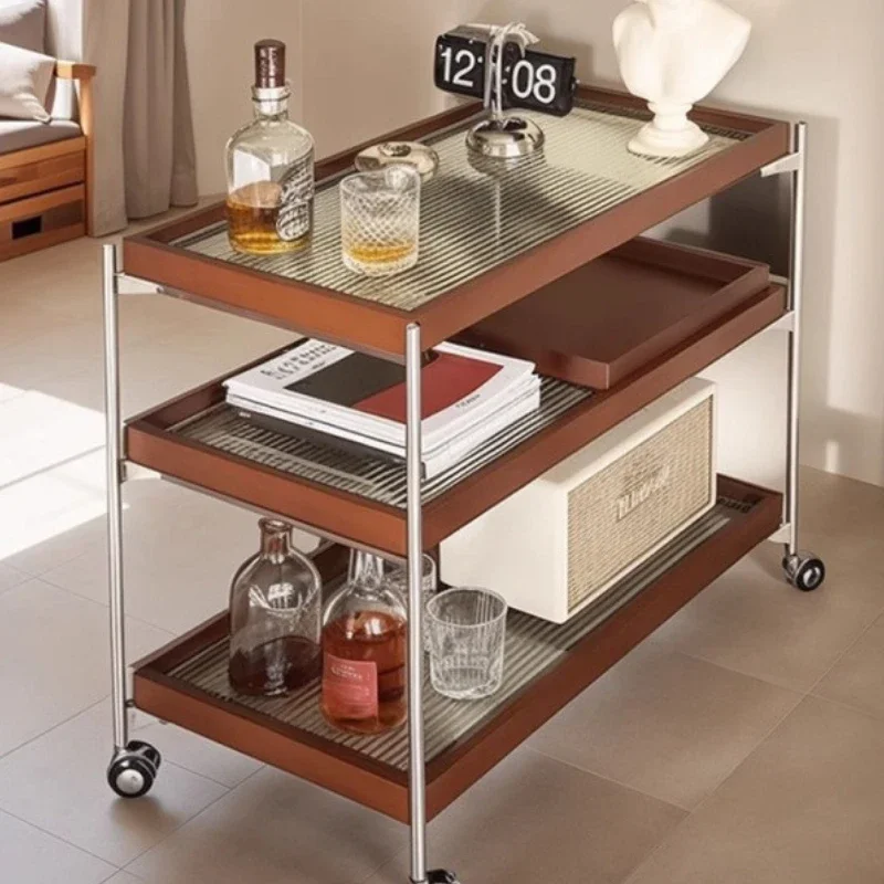 Scandinavian Minimalist Bedside Corner Table Retro Rolling Cart Mobile Coffee Table with Wheels for Bedroom Living Room