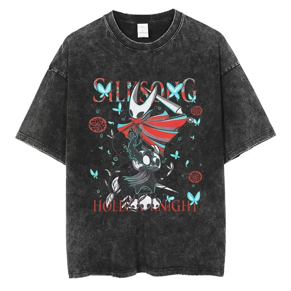 Hollow Knight Vintage Washed Gaming Merch Graphic T-Shirt Unisex Men's Casual Oversized 100% Cotton Tee for Cosplay Cartoon Fans