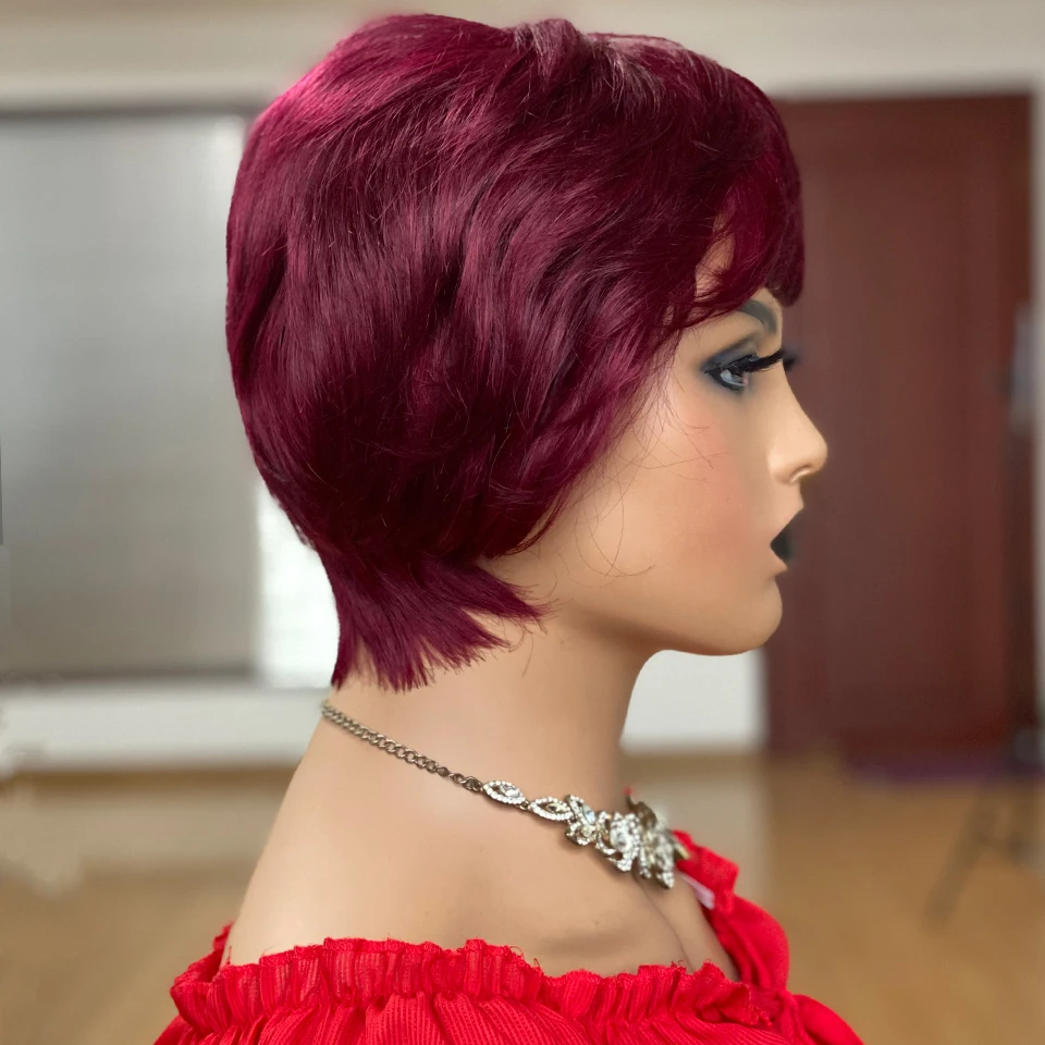 Short Human Hair Wigs Straight Pixie Cut Perruque for Black Women Brazilian Full Machine Made Wig With Bangs Cheap Wig