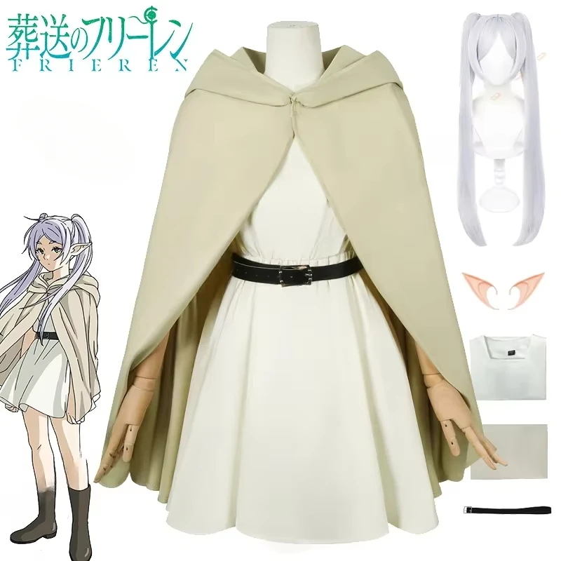 

Frieren Cosplay Costume Wig Anime Frieren Beyond Journey's End Beige Dress Cloak Elf Ears Halloween Party Women Accessories