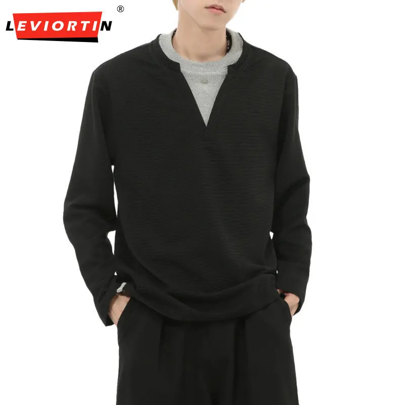 LEVIORTIN Korean Style Men's T-shirts Fake Two-piece Patchwork Contrast Color Round Collar Long Sleeve Loose Pullover Tee Chic