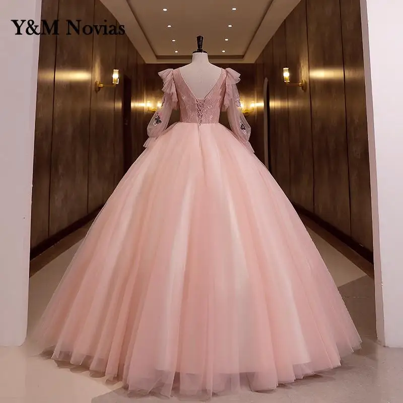 Y & m novias quinceanera vestido de manga longa novo vestido de festa doce o pescoço vestido de baile elegante floral impressão vestidos vestido foto real