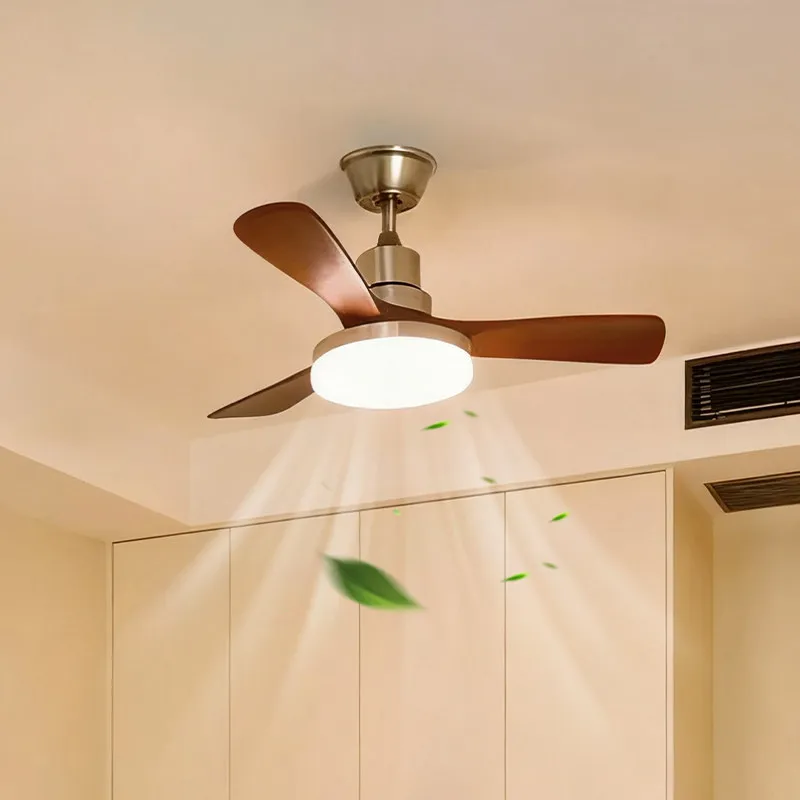 Bedroom fan pendant light, multi-block strong airflow, vintage solid wood LED ceiling fan light combo, restaurant and home casag