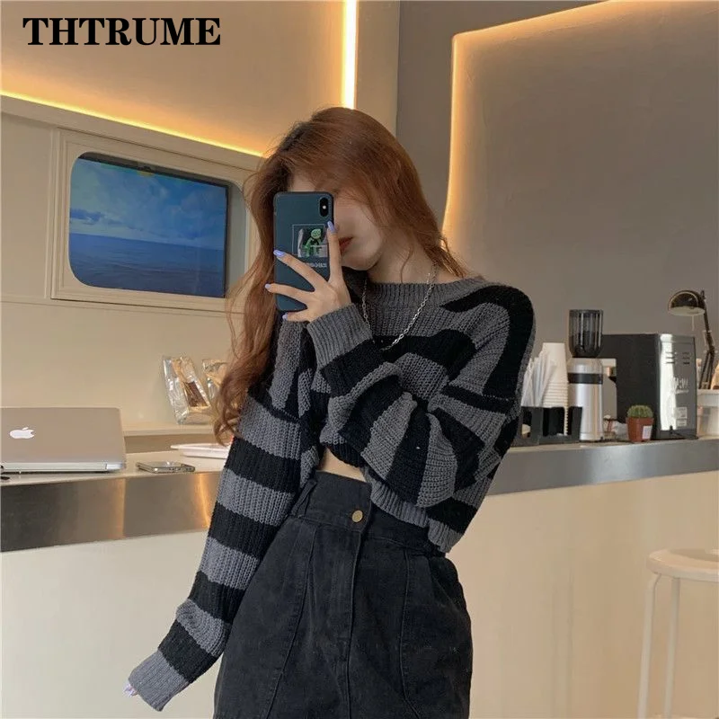 Y2K Striped Vintage Women Sweater Fashion Autumn Winter Long Sleeve Round Neck Korean Jumper Casual Office Lady Loose Pullovers