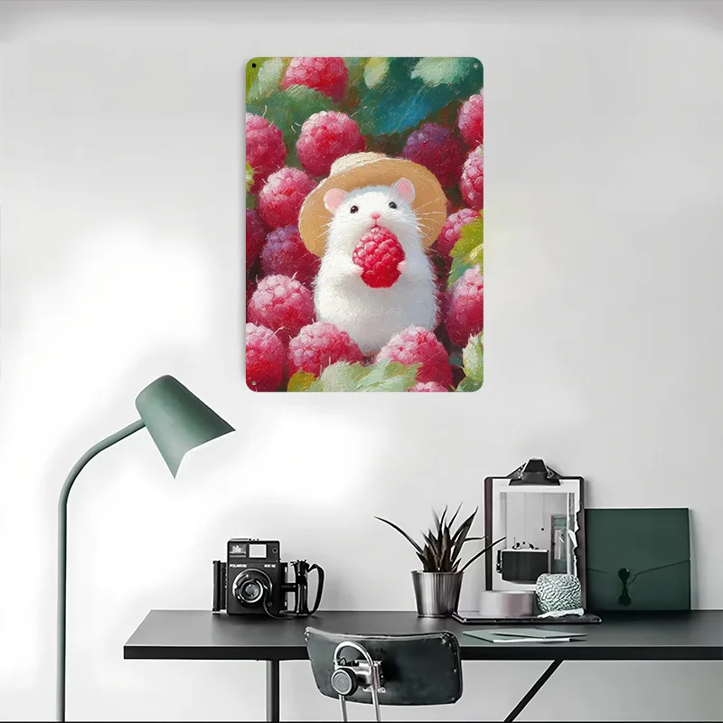 Mouse With Raspberry Metal Poster Metal Signs Wall Art Home Decoration Room Custom Tin Sign for Home Decoration Retro Man Cave