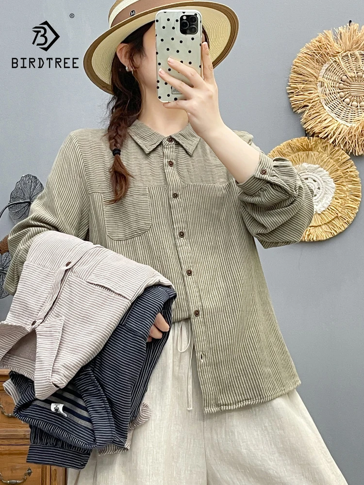 

New 2025 Autumn Cotton Yarn Long Sleeve Shirt, Women Turn-down Collar Striped, Mori Girl Breathable Casual Loose Blouse T59154CC
