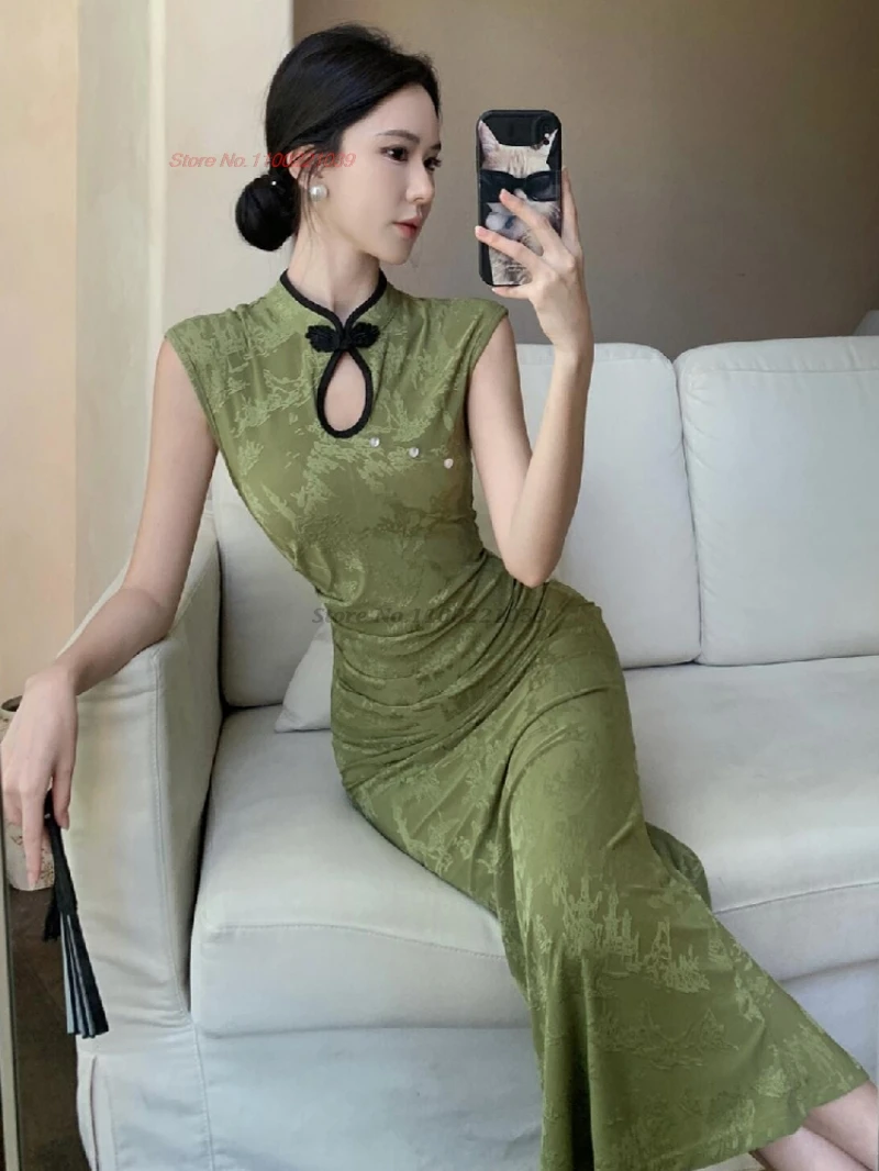 

2025 oriental vintage nightclub dress improved elastic cheongsam traditional jacquard sleeveless qipao banquet evening dress