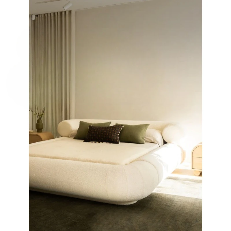 French cream wind master bedroom queen bed floor-to-ceiling fabric bed