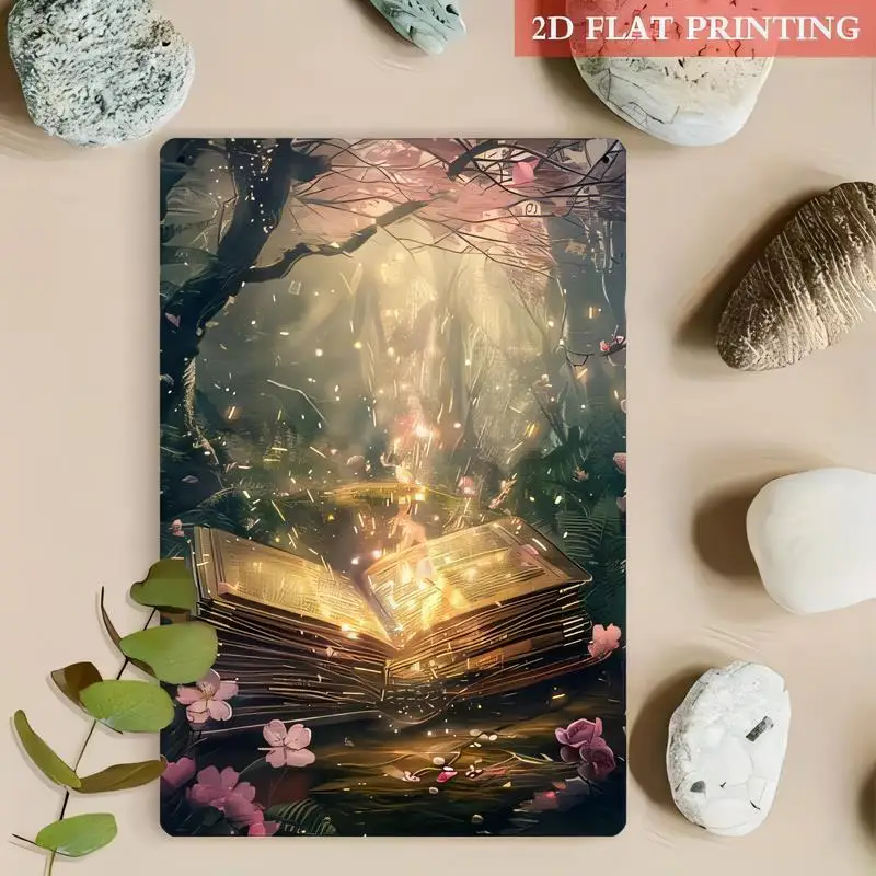 2D Flat Printed Enchanted Forest Glowing Magic Book Metal Tin Sign, Floral Design, Warm Tones, Iron Wall Art for Home/Study Deco