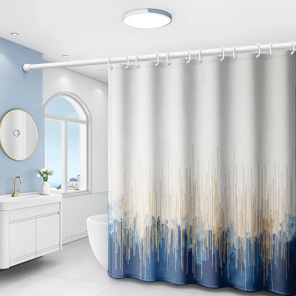 1pc Blue and White Gradient Shower Curtain with Golden Vertical Line Print, Modern Art Style Bathroom Home Decor, Includes Plast