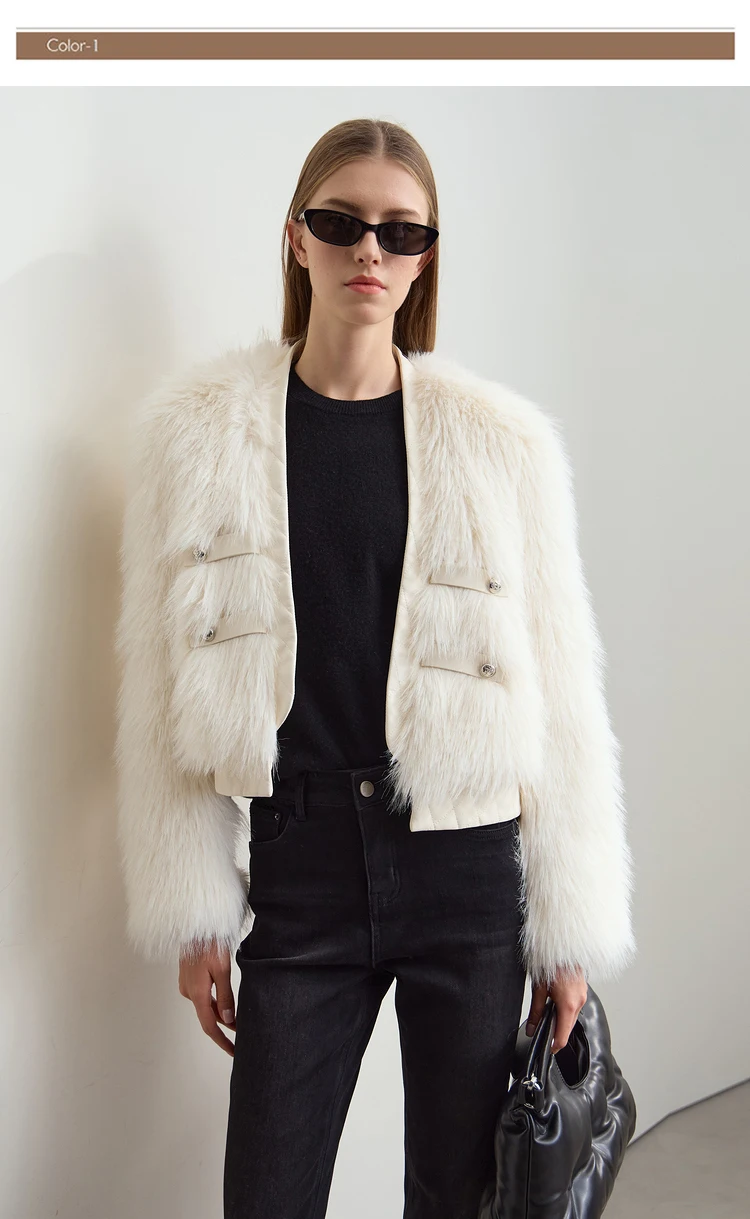 AMII 2026 Winter New Fur Jacket Solid Color Modern Warm Outerwear V-neck Imitation Fur Loose Spliced PU Top Female 12424012