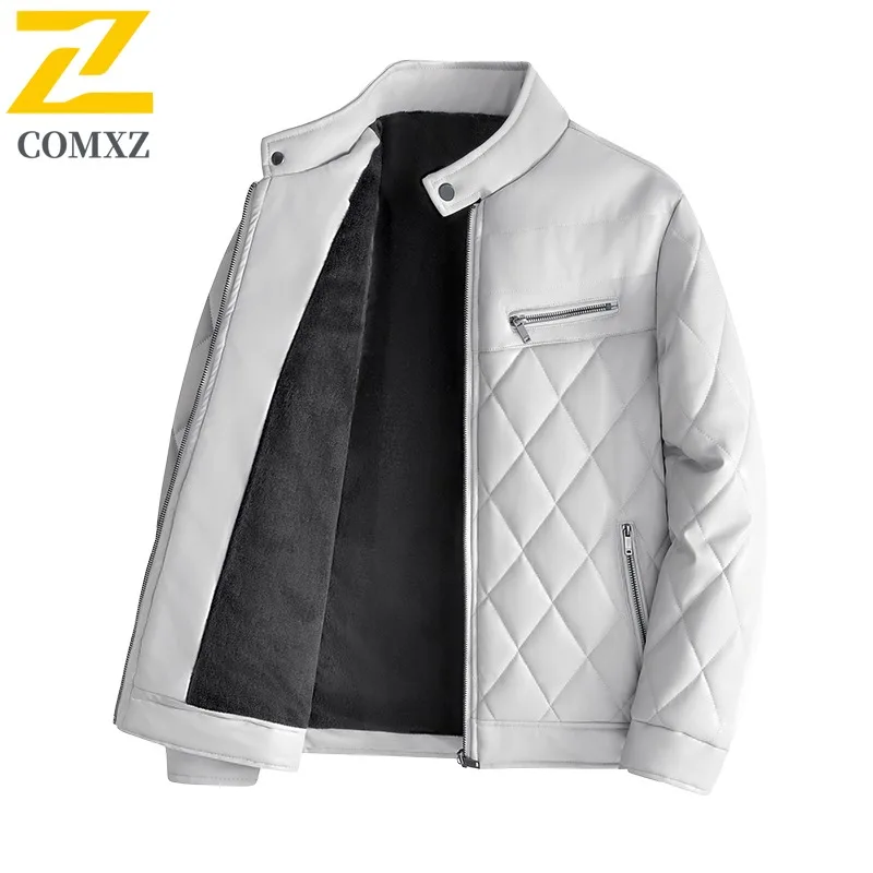 COMXZ Winter Man PU Leather Jacket Fashion Outdoor Camping Windproof Warm Coat Classic Stand Collar Coldproof Comfort Outerwear​