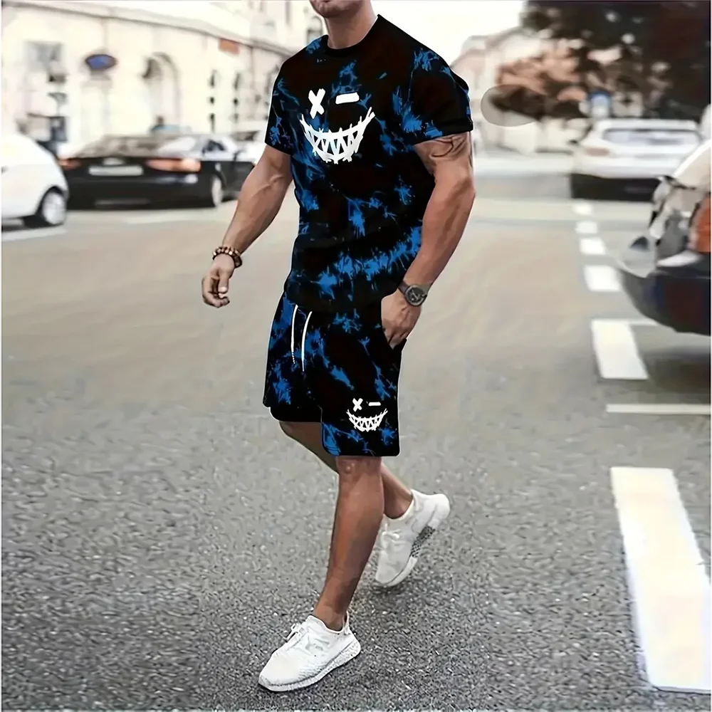 New Men\'s Short-Sleeved T-Shirt Shorts 2-Piece Set Smiling Face Printed Fashion Crew Neck Pullover Top And Drawstring Shorts Set