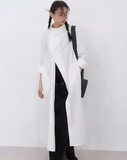 

GetSpring Women Dress 2024 Autumn Full Sleeve Solid Loose Casual Split Long Asymmetrical White Shirt Dress Fashion All Match New