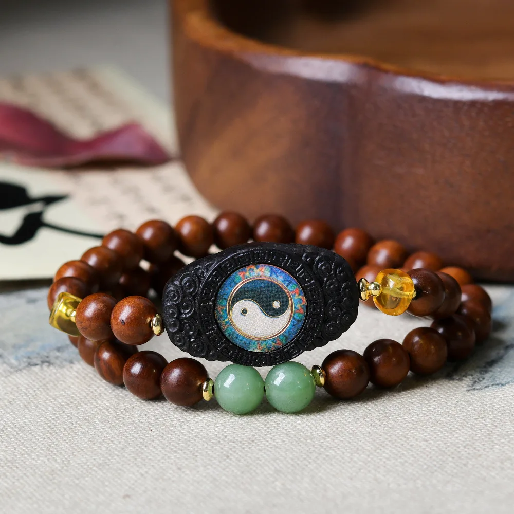 2026 Winter New Jujube Wood Double Loop Bracelet Original Chinese Style Amber Beaded Bracelet with Bagua Pendant Gifts