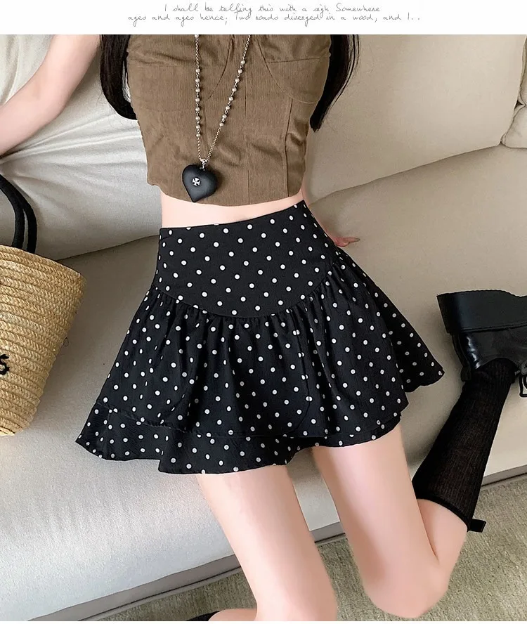 Koreanischer Stil Damen Polka Dot Minirock Hohe Taille Rüschen A-Linie Lässiger Pendler-Kurzrock mit Innenfutter – Detail 18