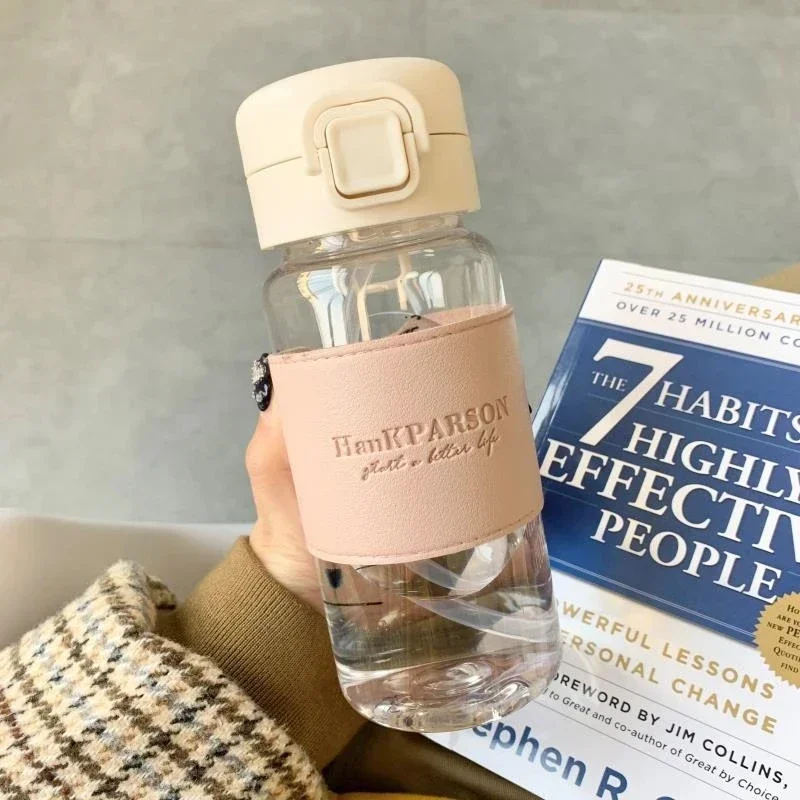 1Pc Creative Water Bottle with Straw Portable Cute Plastic Drinking Bottle with Leather Leak-proof Drinkware Milk Coffee Glass