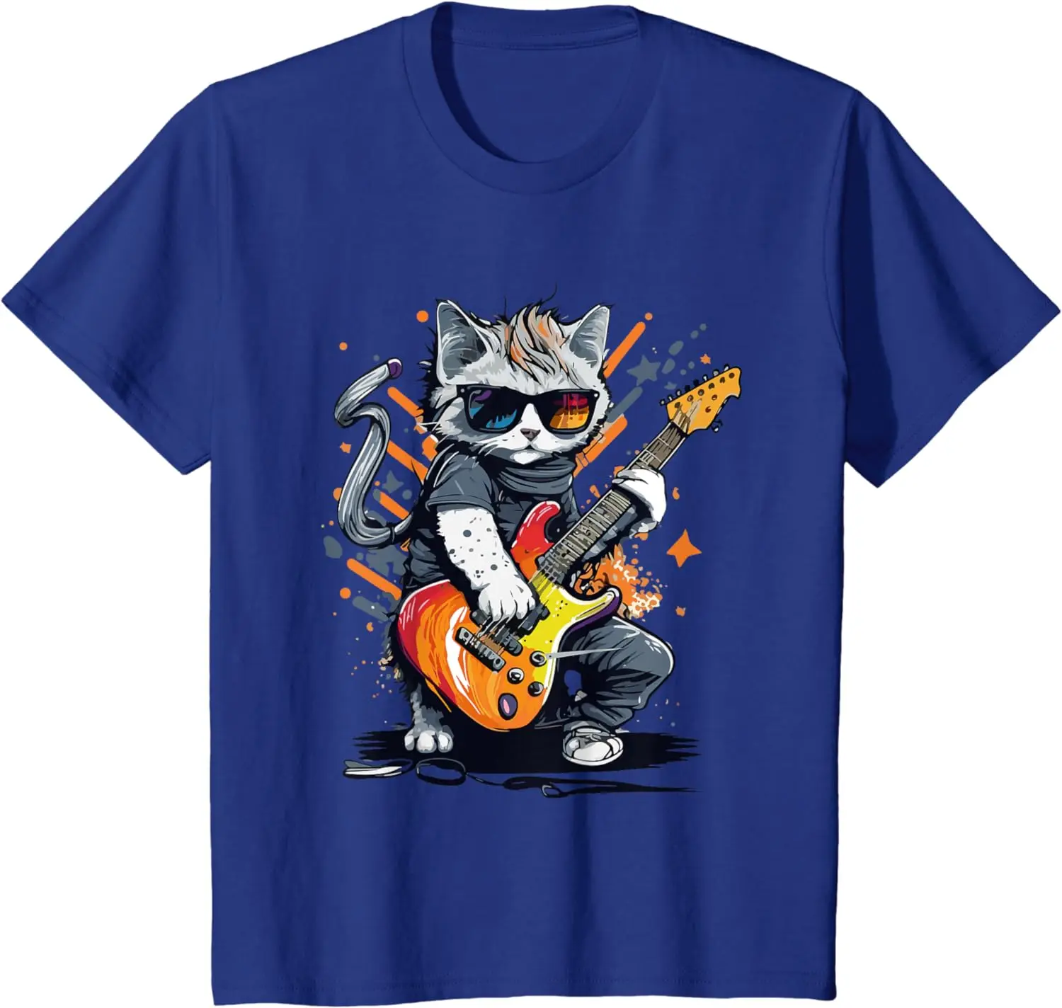 Rock Cat Playing Guitar Funny Guitar Cat T-Shirt for Men Women Kids Music Festival Clothes Graphic T Shirts Cotton Print Casual