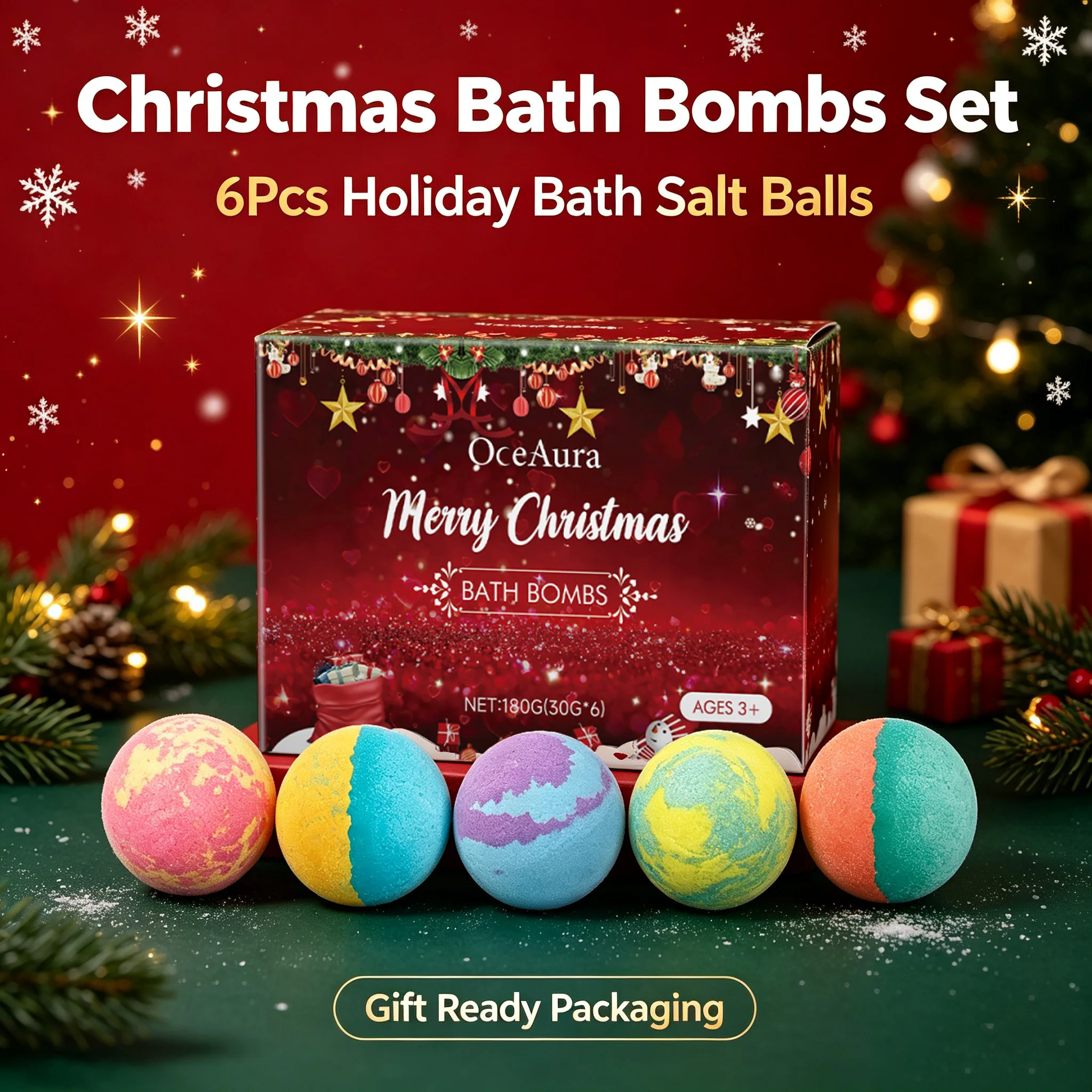 Christmas Colorful Foam Shower Ball 6 Pack Fizzy Bath Fizzies with Essential Oil Relaxing Aromatherapy Shower Cleaner Bath Bombs