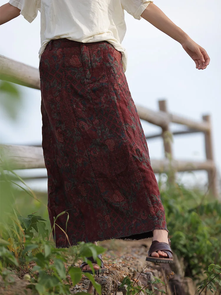 

Original Long A-Line Skirt Pure Color Linen Print Midi Skirt Vintage Artistic Turn Blue Slowly Change Blue Chinese Sle Wome...