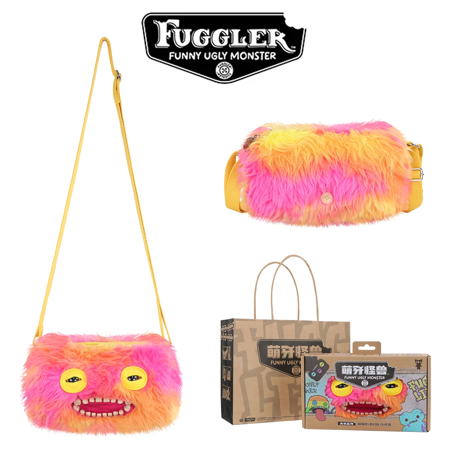 Fugglers Hässliches Zahnmonster Flauschige Umhängetaschen Niedliche Fugg Plüsch-Geldbörse Schulter-Rucksack Portemonnaie für Mädchen Jungen Cartoon-Tier 22CM