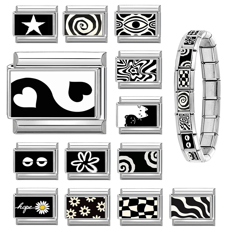 1 قطعة عيون سوداء نجمة القلب الزهور القطط السحر الإيطالي صالح 9 مللي متر الفولاذ المقاوم للصدأ النساء سوار الموضة هدايا مجوهرات ذاتية الصنع #1