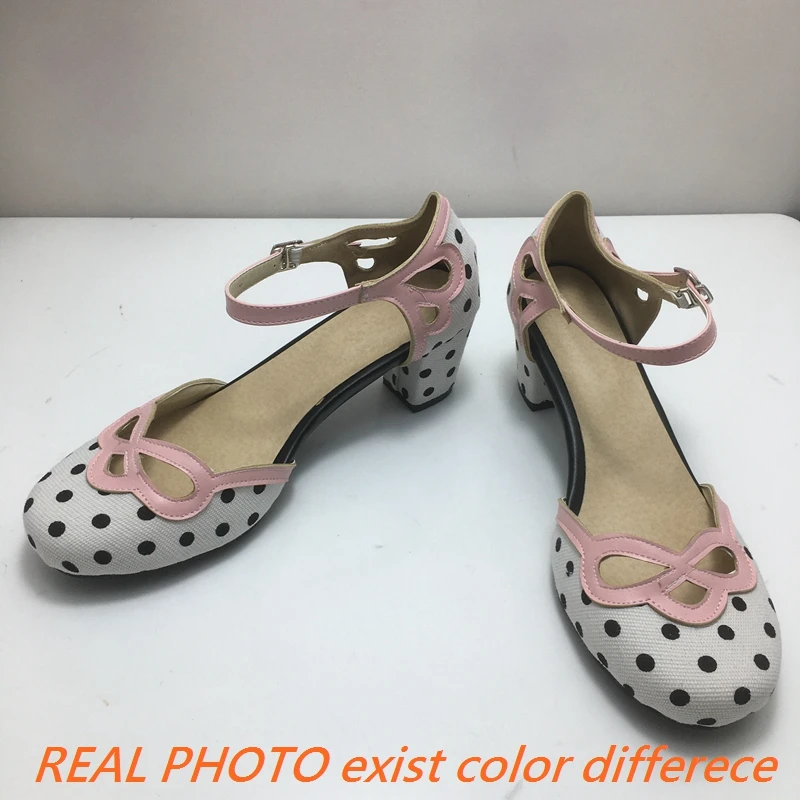 ASILETO Sweet Women Pumps Round Toe Block Heels 6cm Buckle Strap MIxed Color Dot Plus Size 41 42 43 Girls Concise Daily Shoes