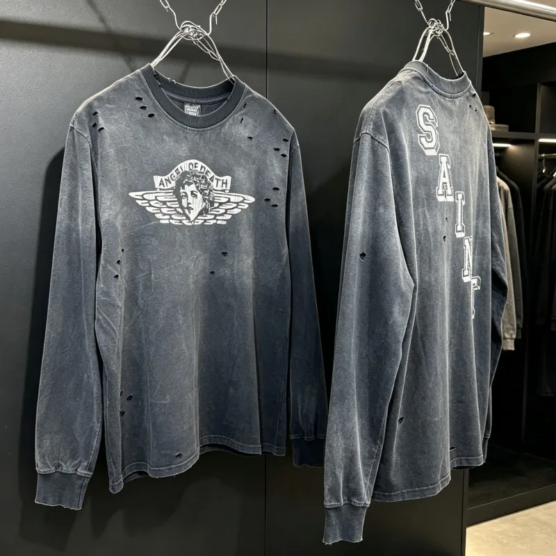 Retro Washed Hole Angel Print Saint Sweatshirts Black Round Neck Long Sleeve Tshirts Cotton Streetwear Men Women Pullover Tops