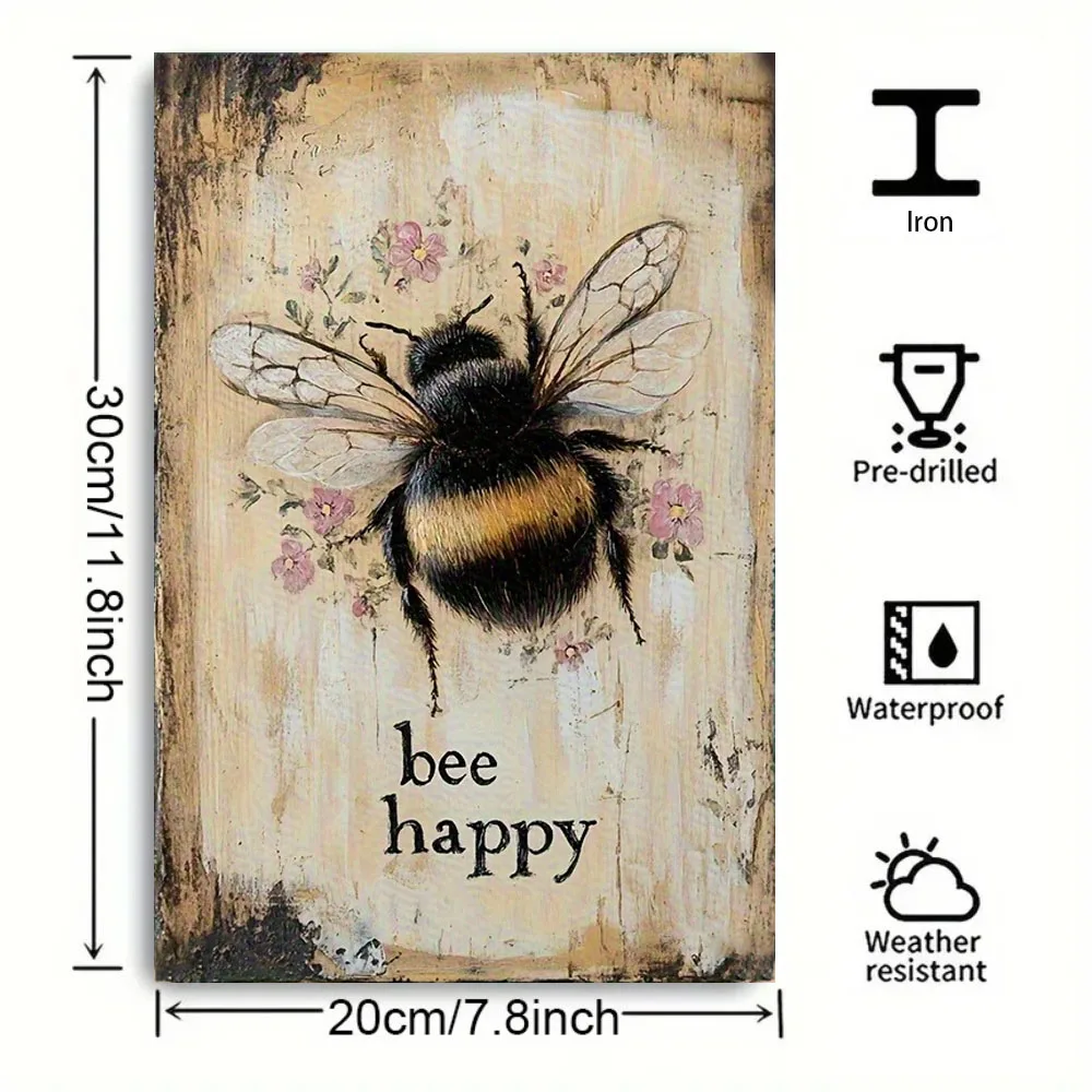 Vintage Bee Happy Metallschild |   Rustikale Blumen-Wanddekoration aus Eisen für Haus, Garten & Terrasse |   Einfach zu Hängendes Geschenk