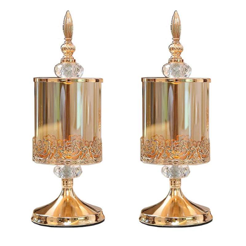 

2X European Crystal Glass Storage Jar With Lid Rose Candy Jar Gold-Plated Storage Decorative Ornaments S-B09B