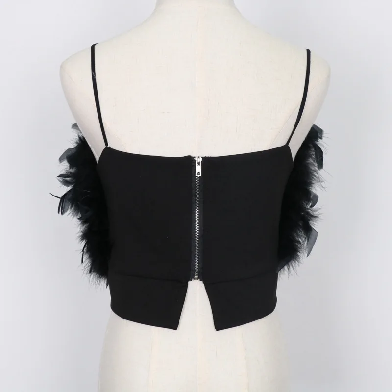 Feather Petal Sexy Suspender Vest Party Bar Hot Tank Tops Dance Fairy Sweet Girls Women Cami Black White Faux Fur Crop Tops