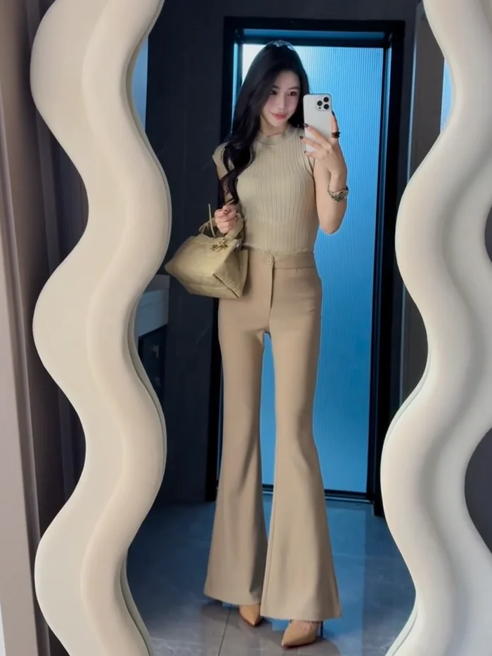 

Модные брюки цвета хаки с высокой талией, облегающие брюки с кружевной отделкой, повседневные брюки, элегантные повседневные брюки в простом стиле, корейская версия, повседневные брюки