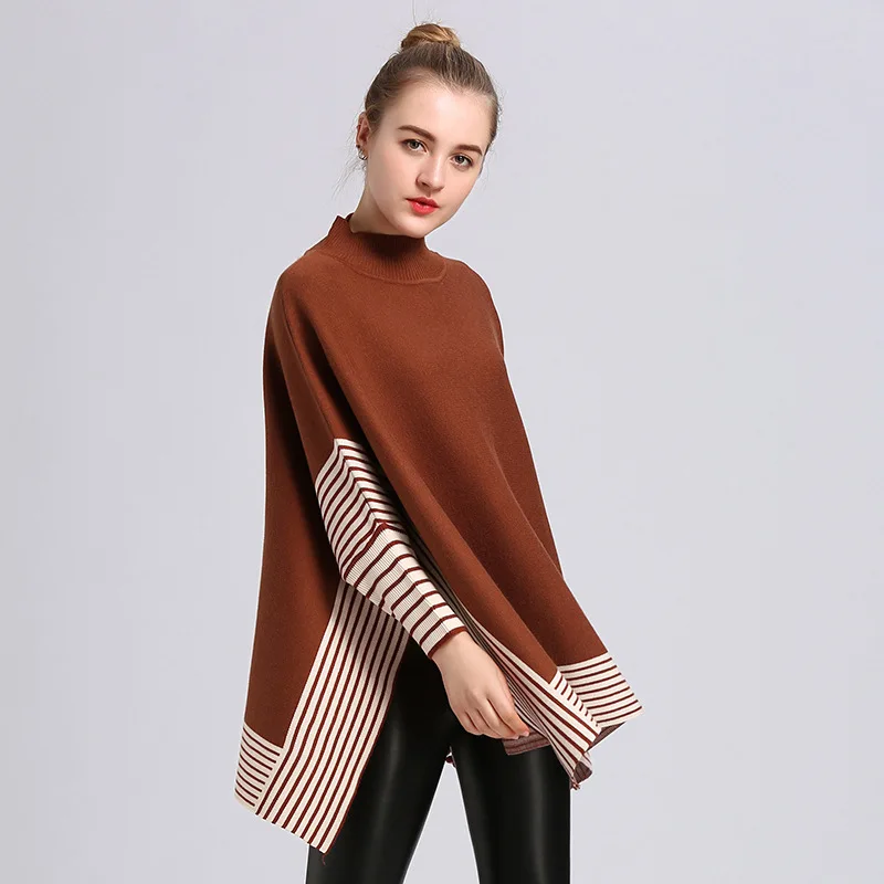 Suéter de primavera y otoño para mujer, chal tejido con tiras, manga de ala de murciélago, jersey de cuello alto, Poncho holgado para otoño e