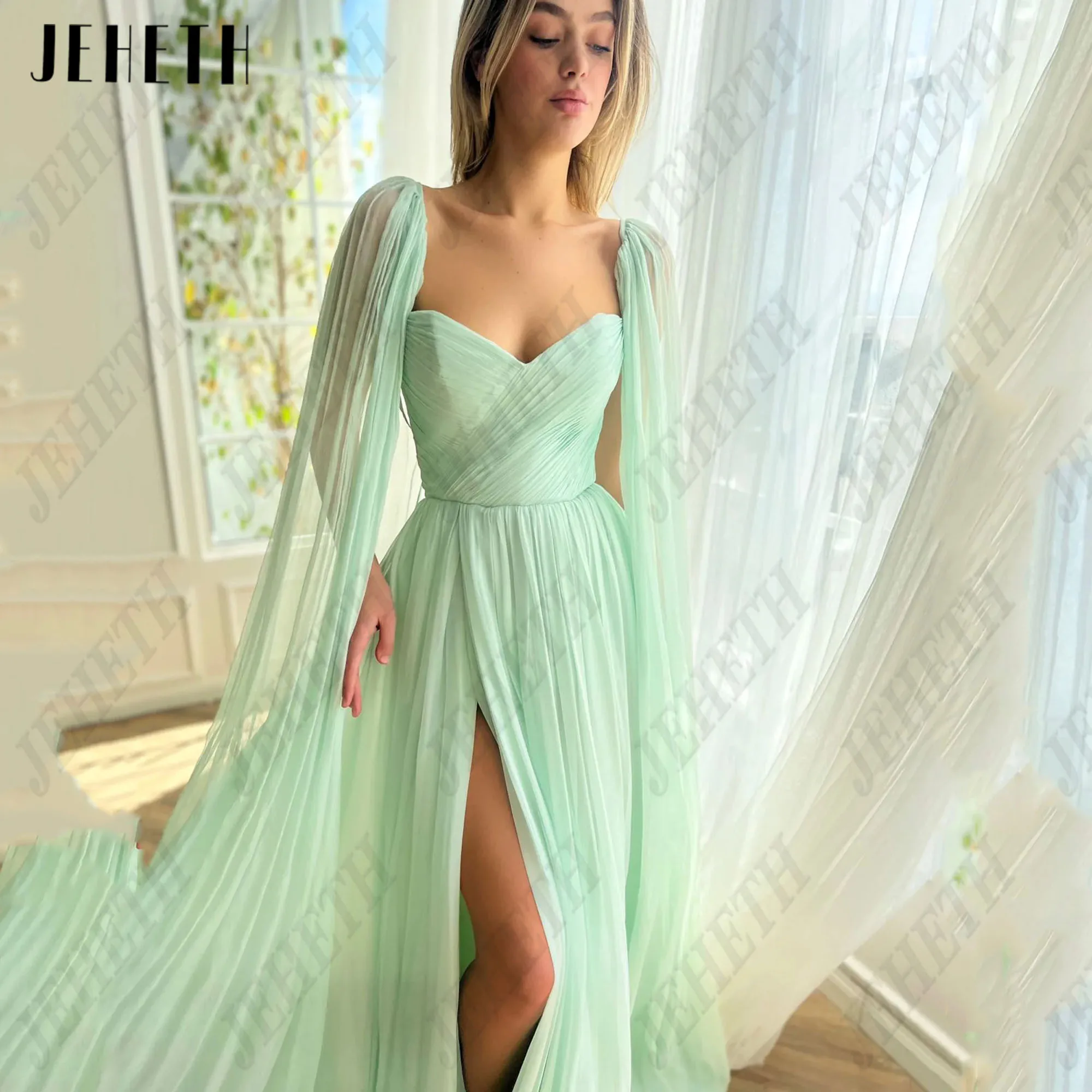 JEHETH Prom Dress With Cape Sweetheart A-Line Side Split Chiffon Formal Occasions Dresses Elegant Custom Made Vestidos De Gala