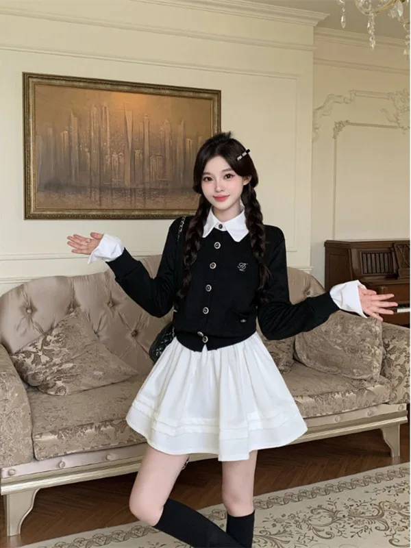 

plus Size College Style Knitted Set Women's High Waist Pleated Skirt Two Piece Suit Autumn Fashion Sweet Style Casual Wear