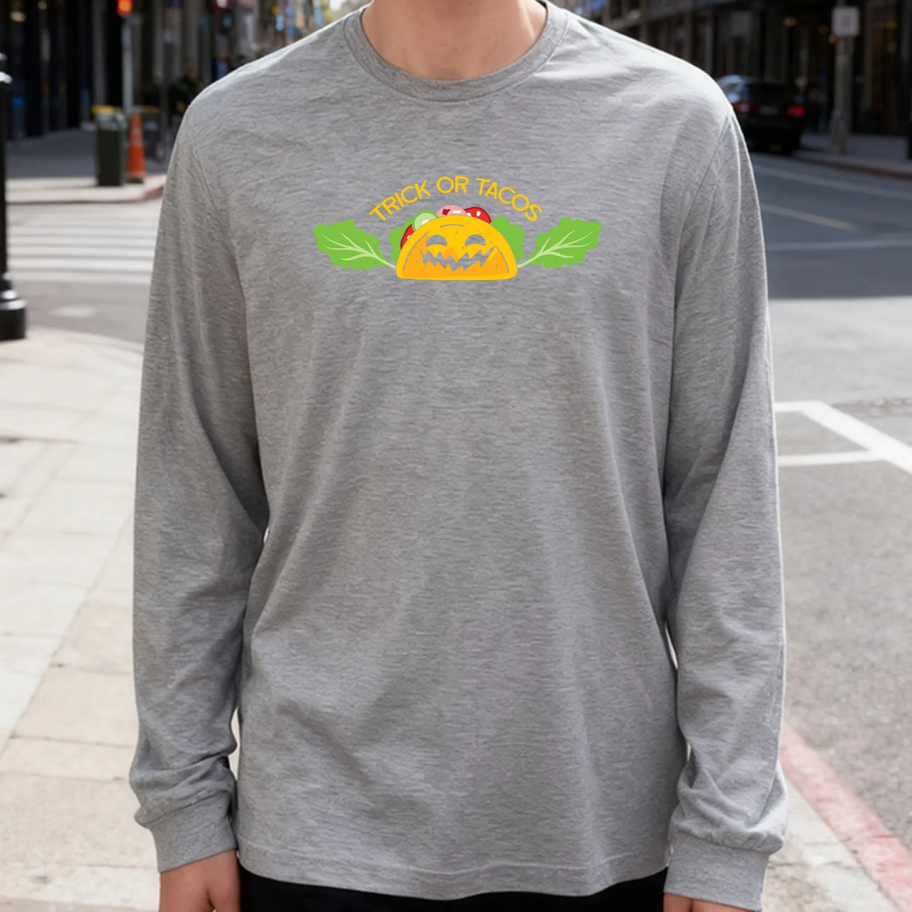 Trick or Tacos Men's Long Sleeve T-Shirt 180g 100% Cotton Printed Crew Neck Casual Daily Wear Soft and Breathable