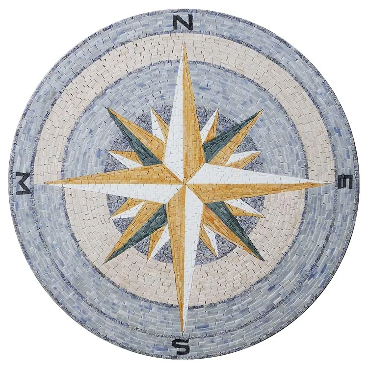 Nature Colors Marble Stone Handmade Compass Mosaic Medallion  Mesh Backing