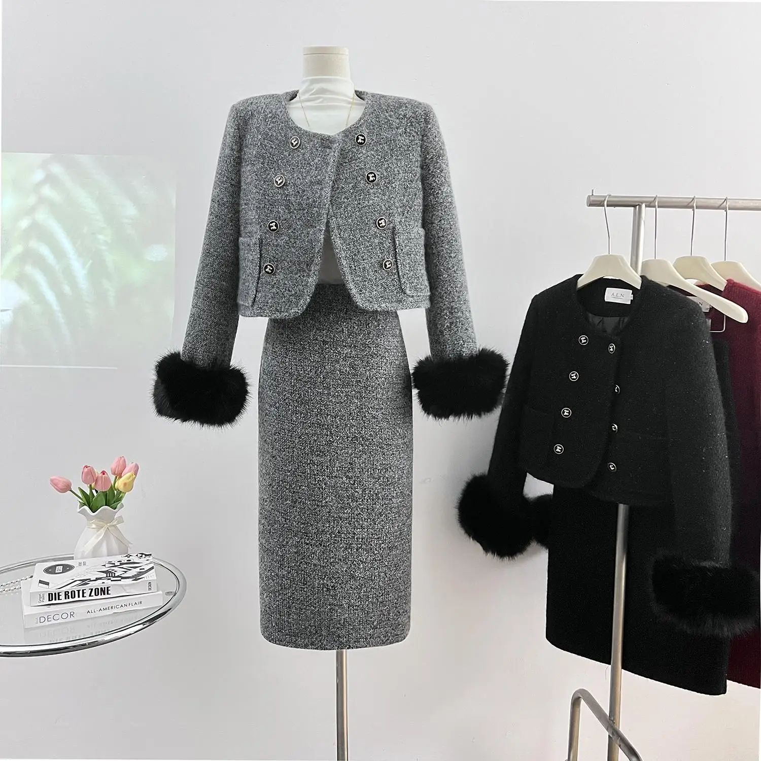 Fashion French Vintage Tweed Two Piece Sets Women Outfits High Quality Chic Fringed short Jacket Coat + Long Skirt Skirt Suits