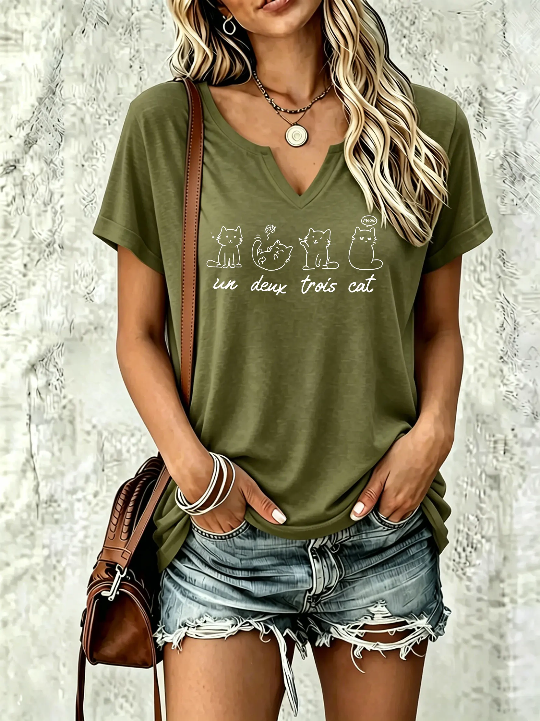 Damen-Sommer-T-Shirt mit V-Ausschnitt und kurzen Ärmeln, Un Deux Trois Cat Line Art Kitten Letter Graphic Print, lässiges, tägliches Damen-T-Shirt – Detail 4