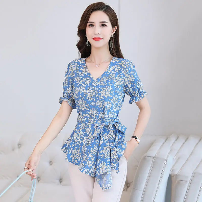 Elegant Ruffles Folds Bandage Bow Irregular Floral Blouse Women\'s Clothing 2023 Summer Loose Casual Tops Asymmetrical Shirt