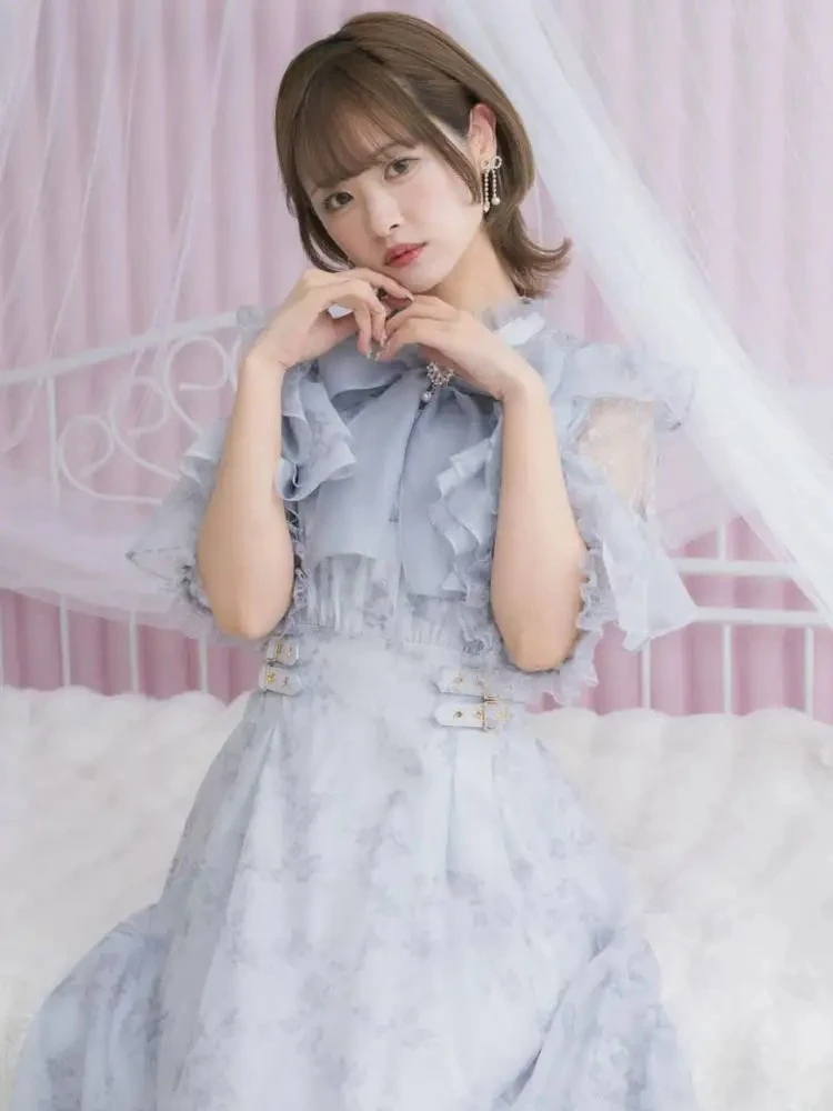 Estilo japonês véu capa dupla camada de renda lolita vestido de cintura alta verão lolita elegante arco fora do ombro vestidos longos