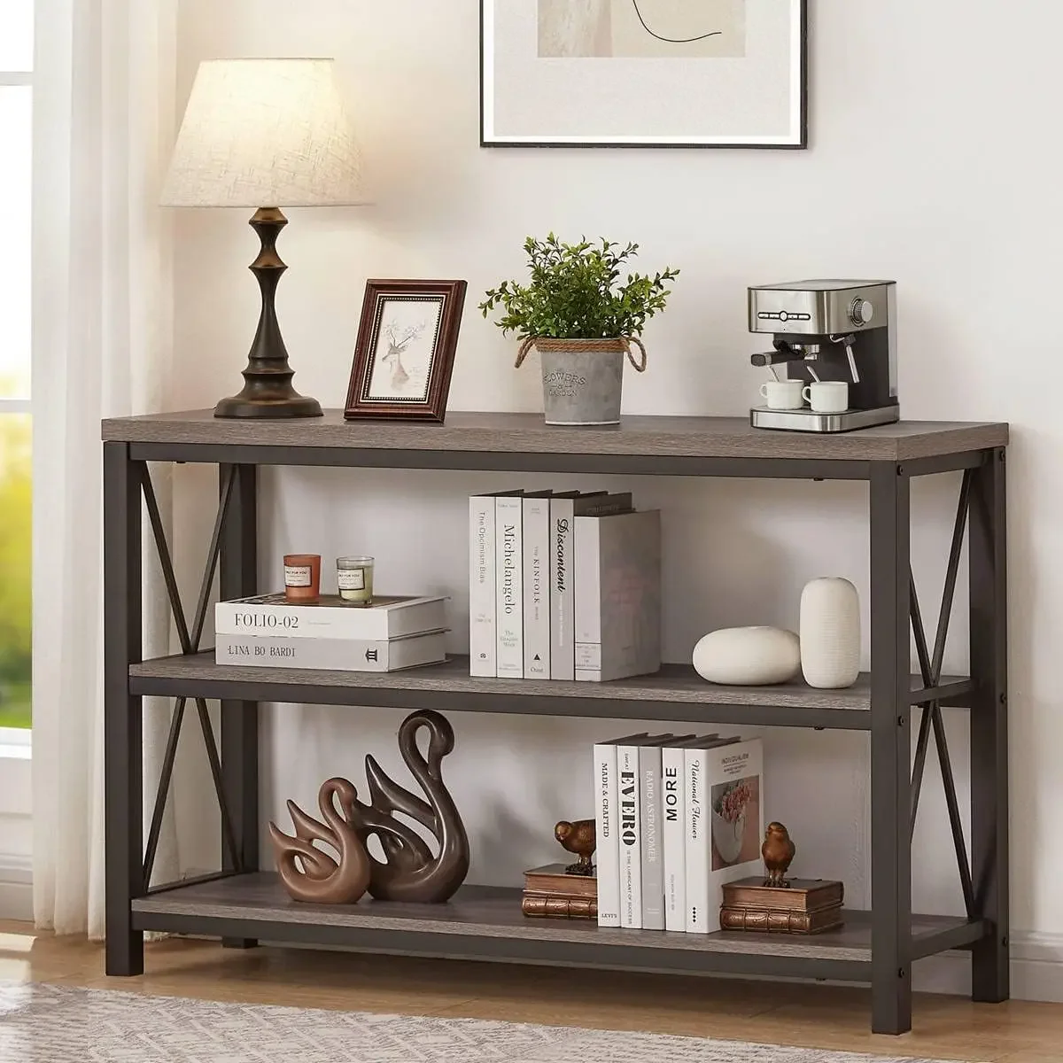 Rustic Sofa Table Behind Couch, Industrial Console Tables for Entryway, 3 Tier Wood Shelves Entry Table with Storage