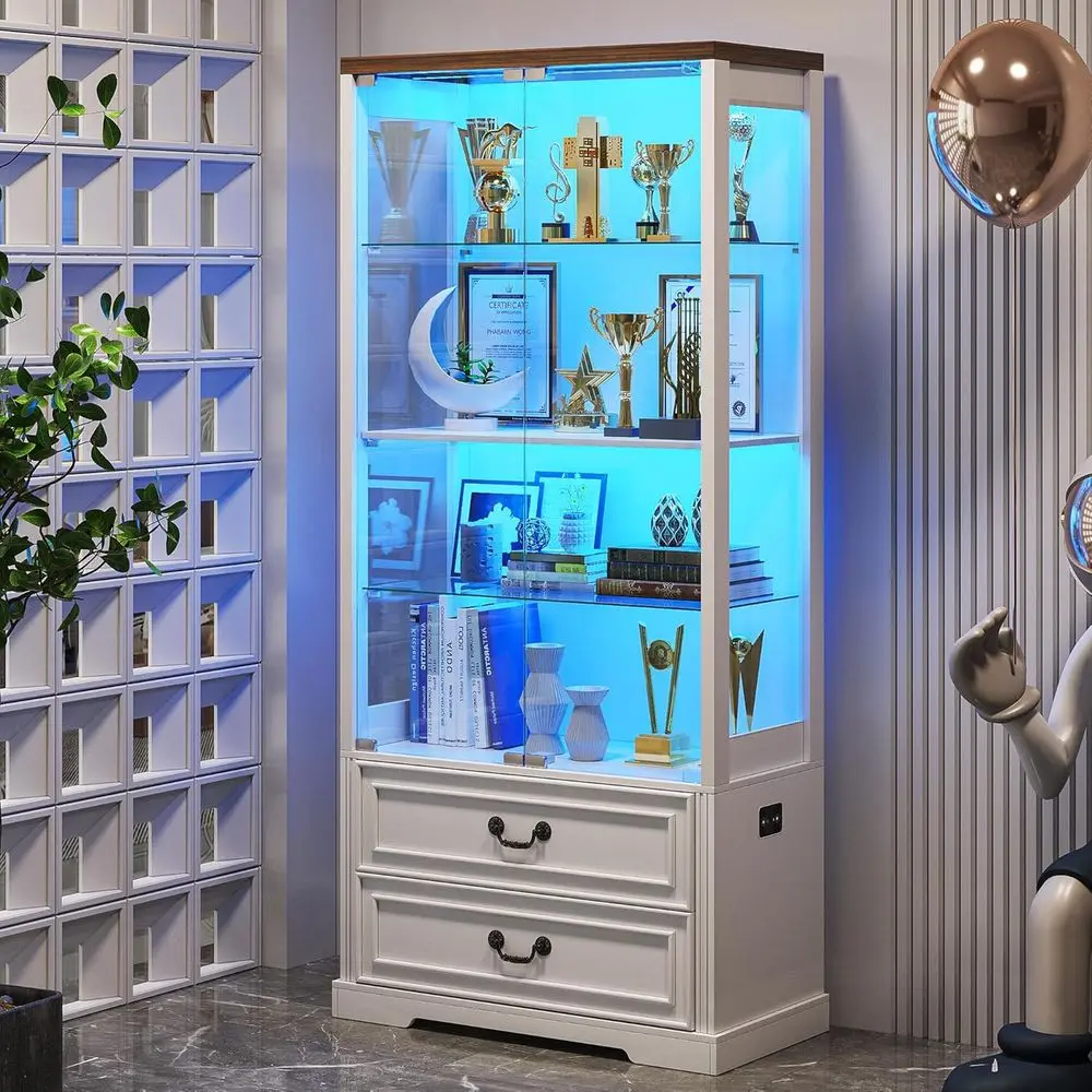 67 Glass Door Adjustable Shelving Display Cabinet with 2 Drawers, 4 Tiers, LED Lights & Motion Sensor, White