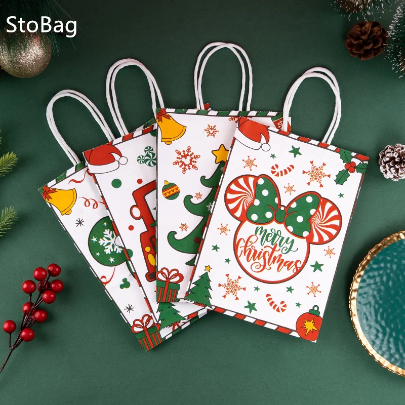 

StoBag-Christmas Kraft Paper Portable Bags Cartoons Gifts Handheld Parties Shopping Packaging Candy Handle Snack New Year 5Pcs